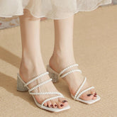 Sommer neue grobe Ferse Sandalen Frauen Kopf Perle Hausschuhe Strass Mode alles Temperament High Heels 6cm